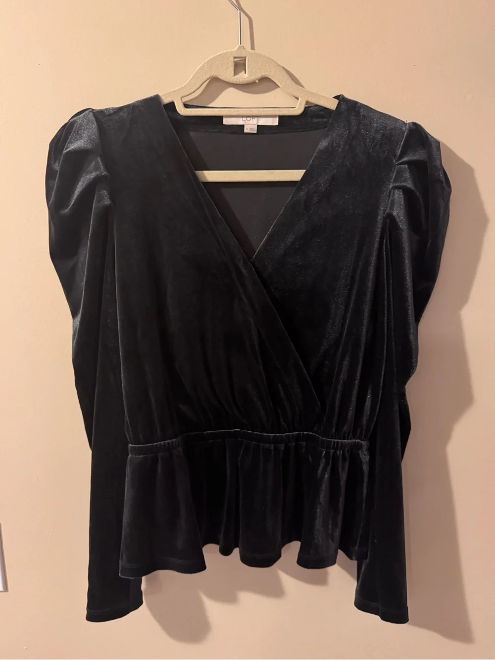 LOFT Black Velvet Peplum Top With Puff Sleeves - size medium
